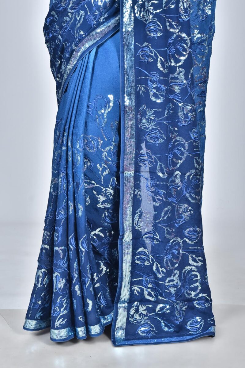 Viscose Georgetter Saree with Digital Embroidery Work (Blue)