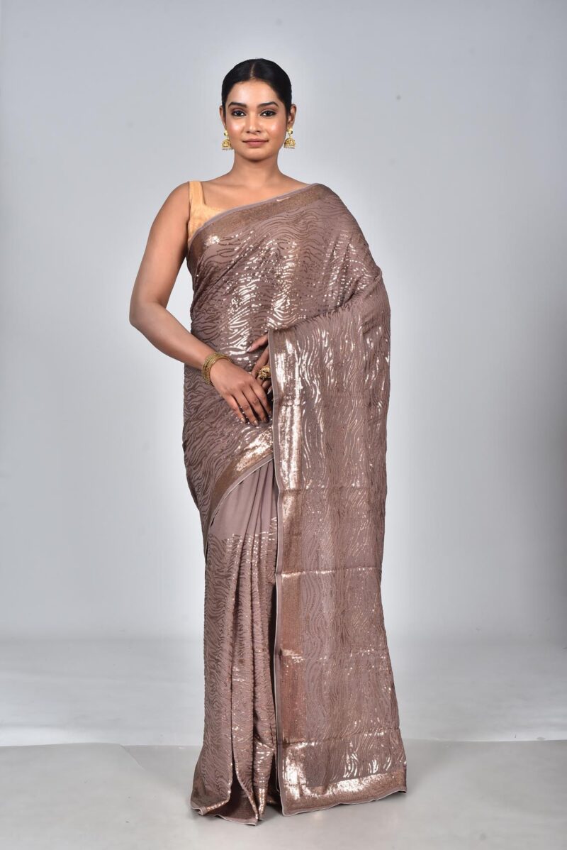 Viscose Georgetter Saree with Digital Embroidery Work (Brown)