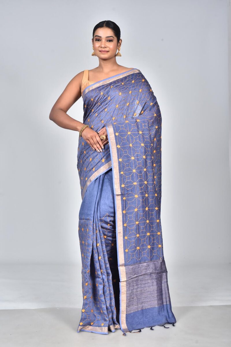 Silk Linen Woven Saree with Hand Kantha Work (Dark Blue)