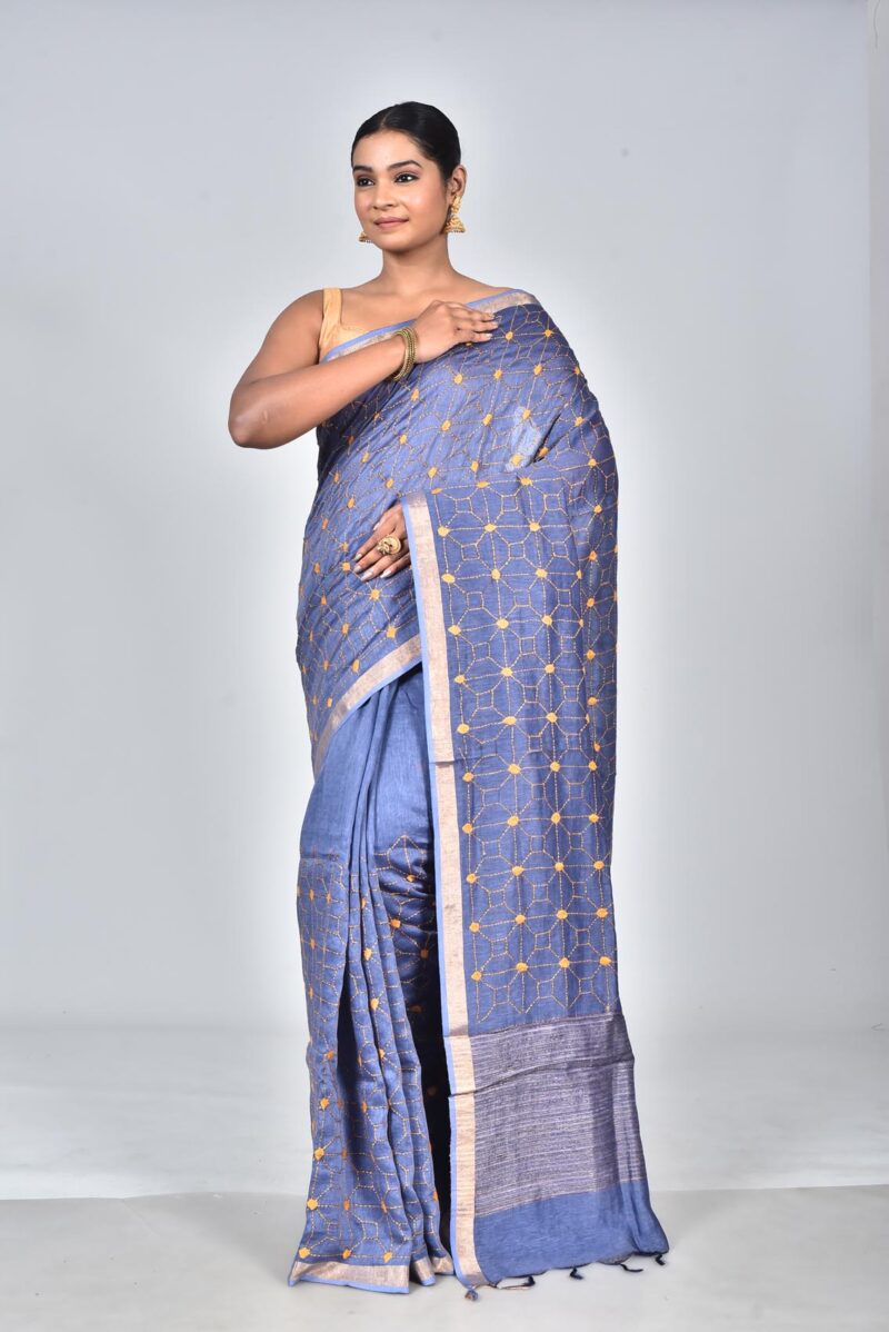 Silk Linen Woven Saree with Hand Kantha Work (Dark Blue)