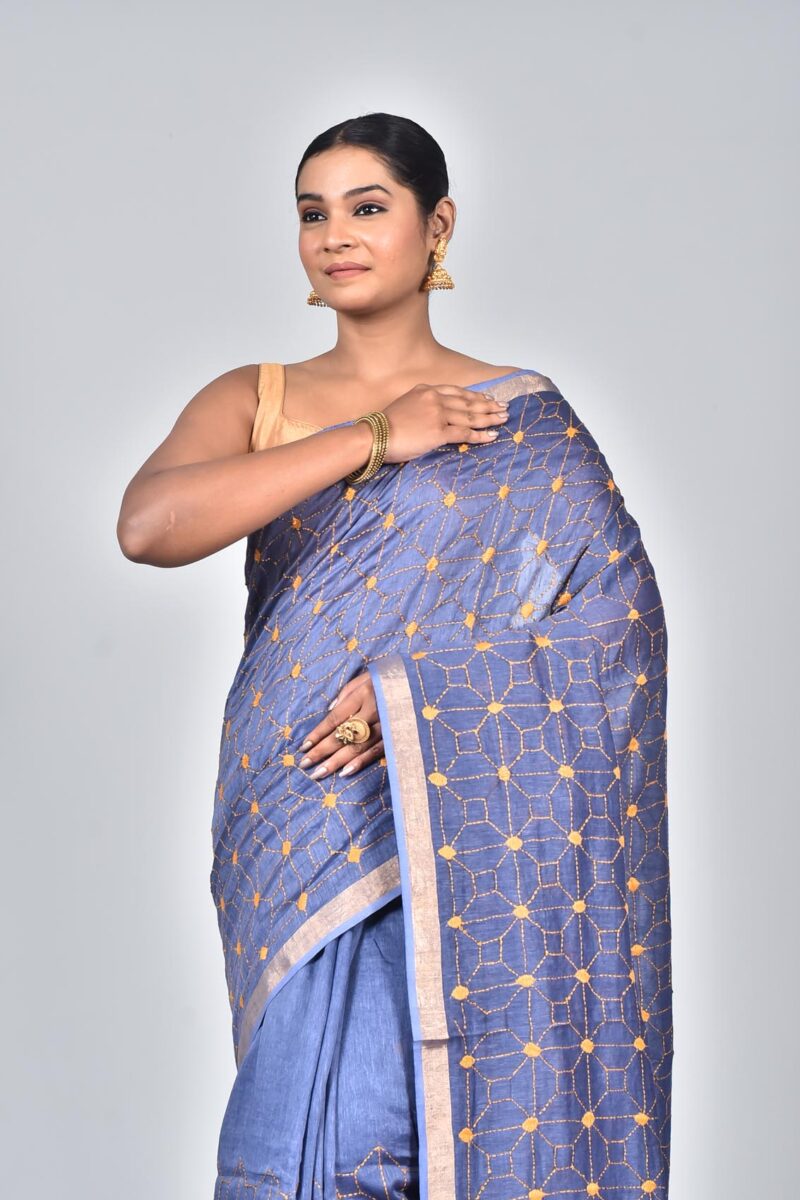 Silk Linen Woven Saree with Hand Kantha Work (Dark Blue)