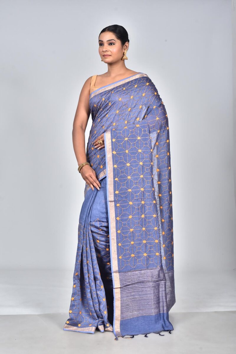 Silk Linen Woven Saree with Hand Kantha Work (Dark Blue)