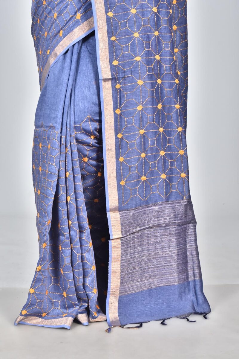 Silk Linen Woven Saree with Hand Kantha Work (Dark Blue)