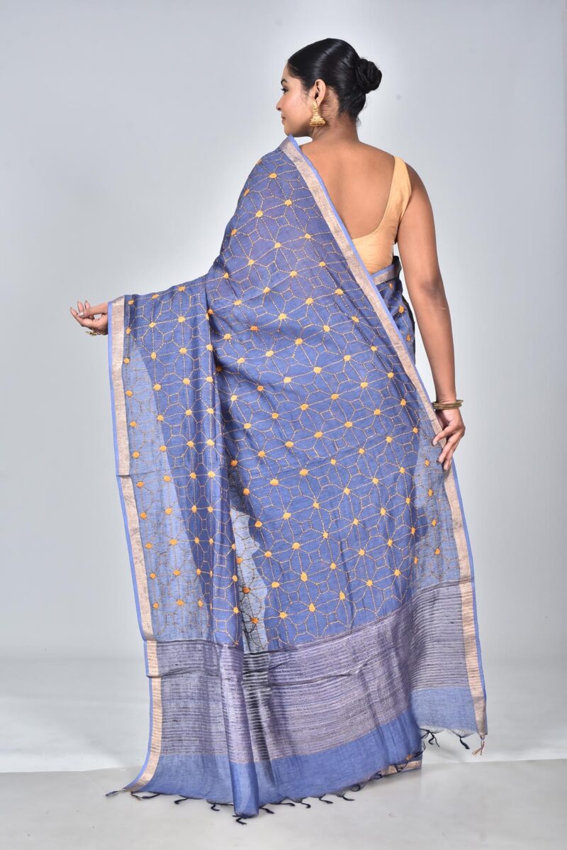 Silk Linen Woven Saree with Hand Kantha Work (Dark Blue)