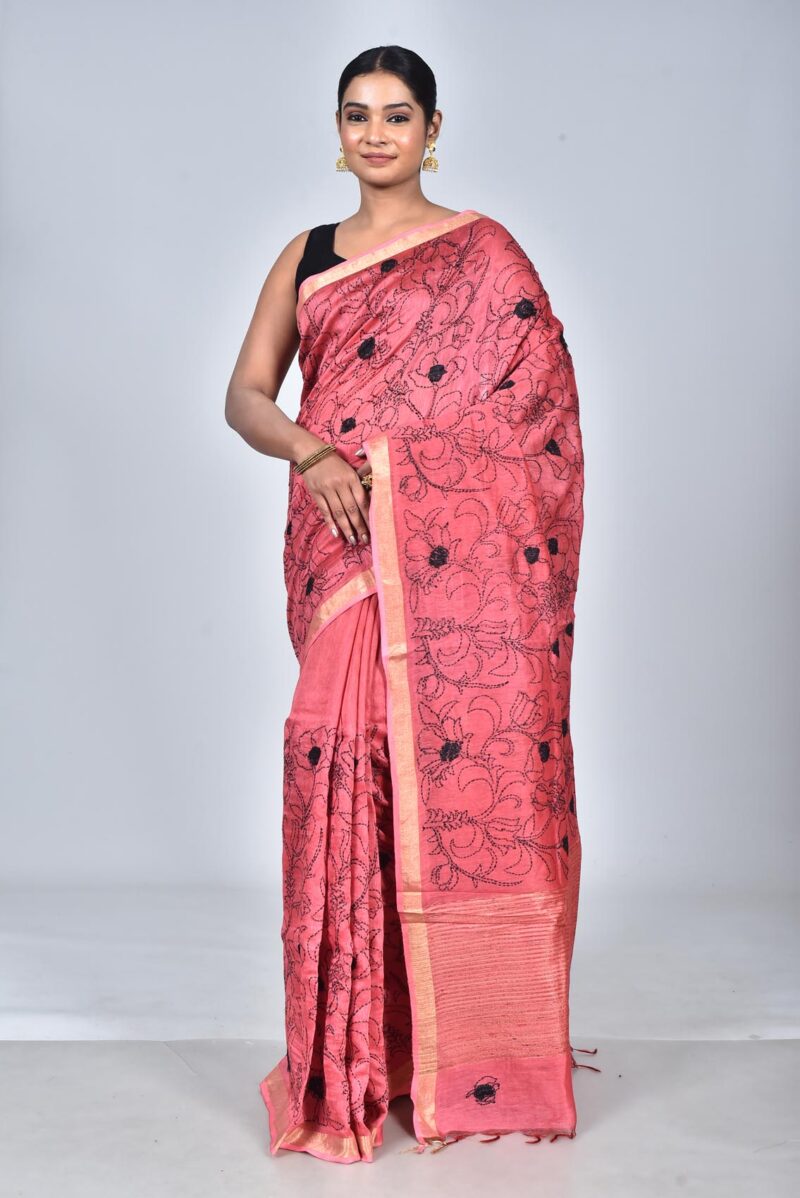 Silk Linen Woven Saree with Hand Kantha Work (Red)