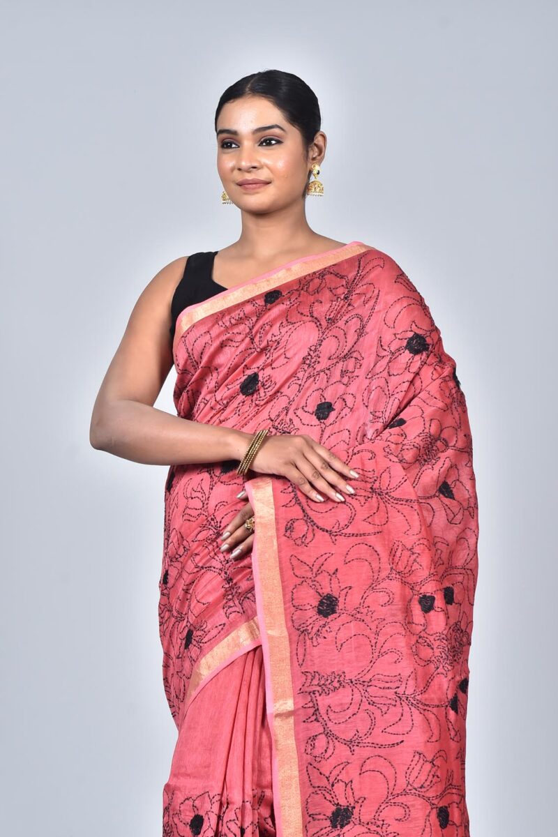 Silk Linen Woven Saree with Hand Kantha Work (Red)