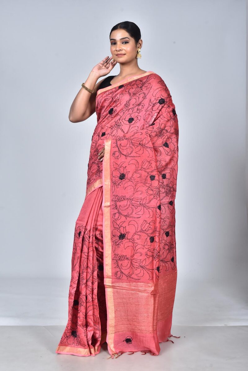 Silk Linen Woven Saree with Hand Kantha Work (Red)