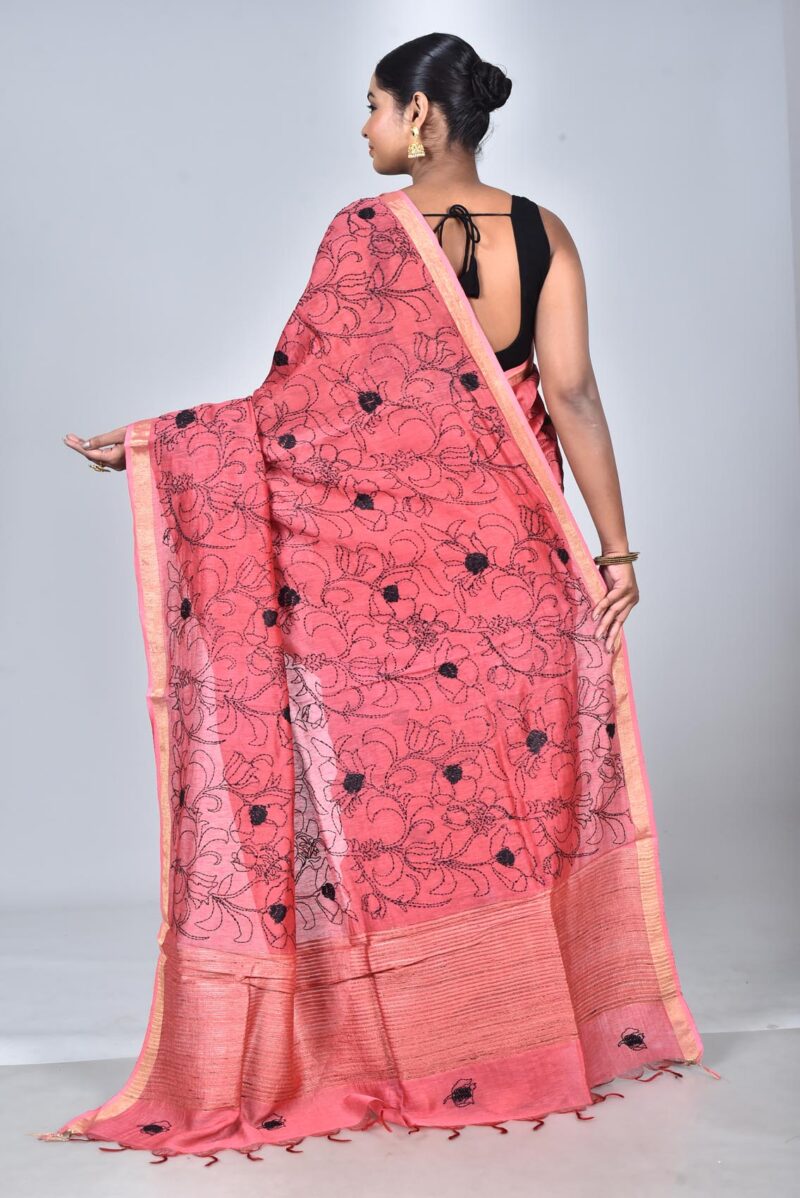 Silk Linen Woven Saree with Hand Kantha Work (Red)