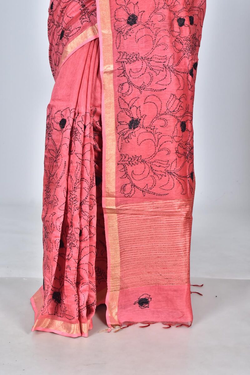 Silk Linen Woven Saree with Hand Kantha Work (Red)