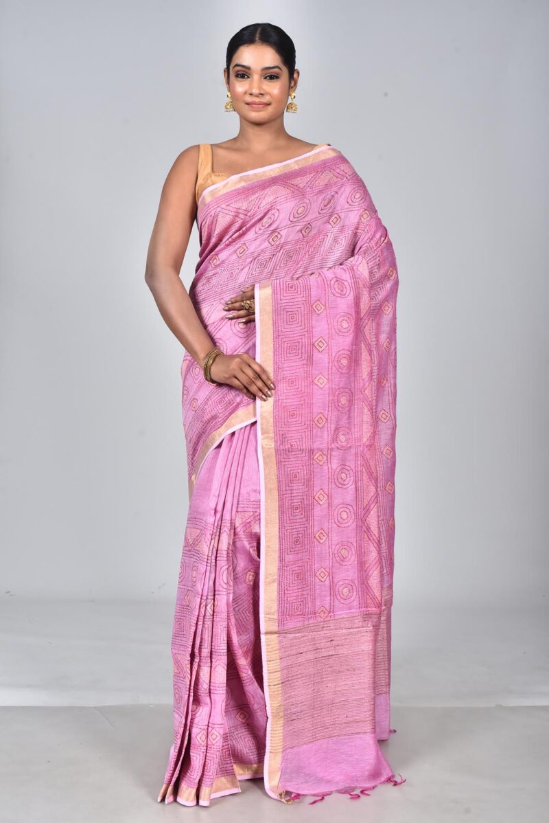 Silk Linen Woven Saree with Hand Kantha Work (Light Pink)