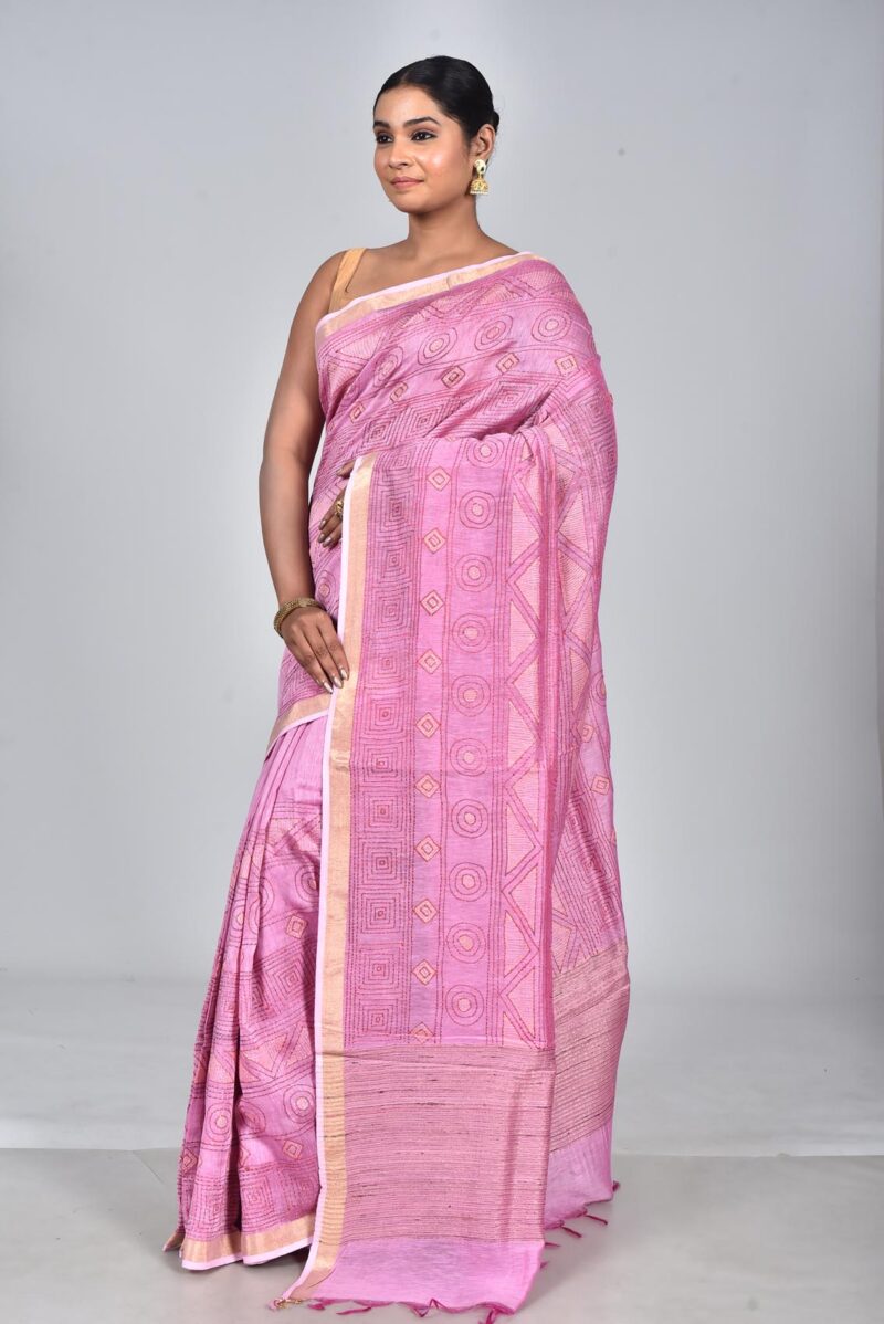 Silk Linen Woven Saree with Hand Kantha Work (Light Pink)