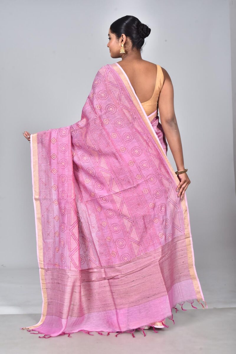 Silk Linen Woven Saree with Hand Kantha Work (Light Pink)