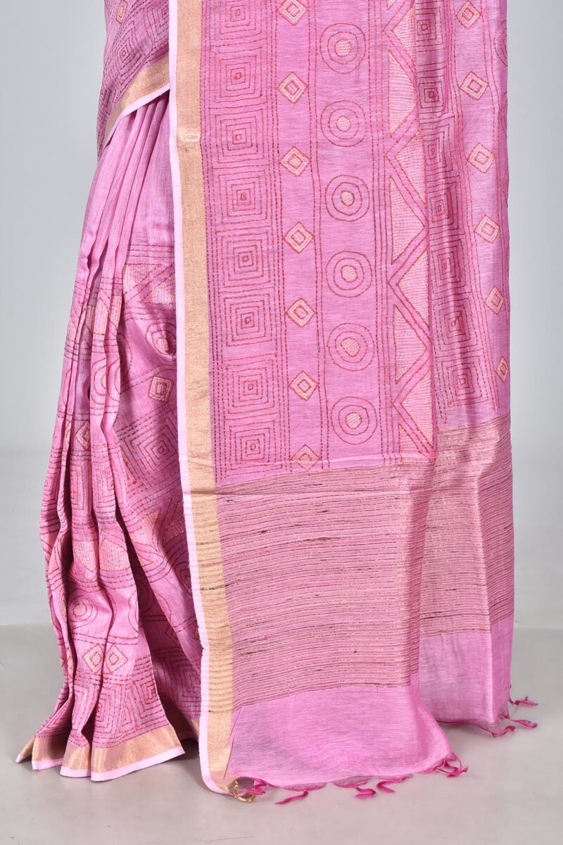 Silk Linen Woven Saree with Hand Kantha Work (Light Pink)