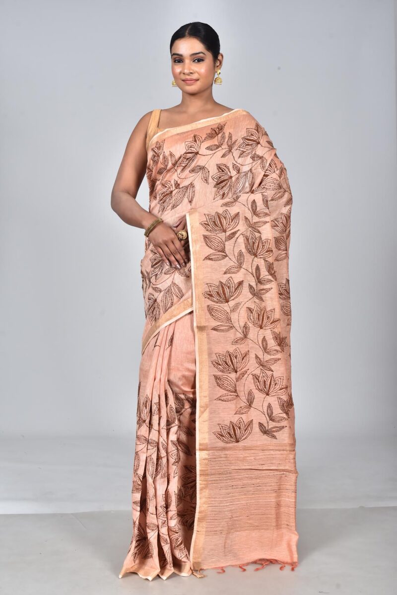 Silk Linen Woven Saree with Hand Kantha Work (Peach)