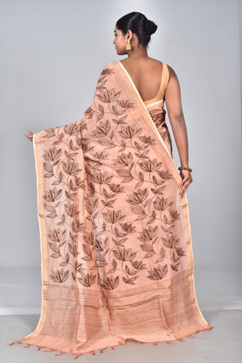 Silk Linen Woven Saree with Hand Kantha Work (Peach)