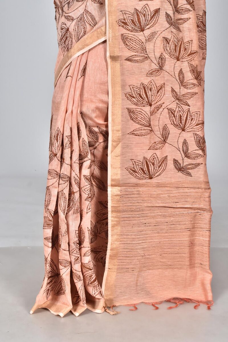 Silk Linen Woven Saree with Hand Kantha Work (Peach)