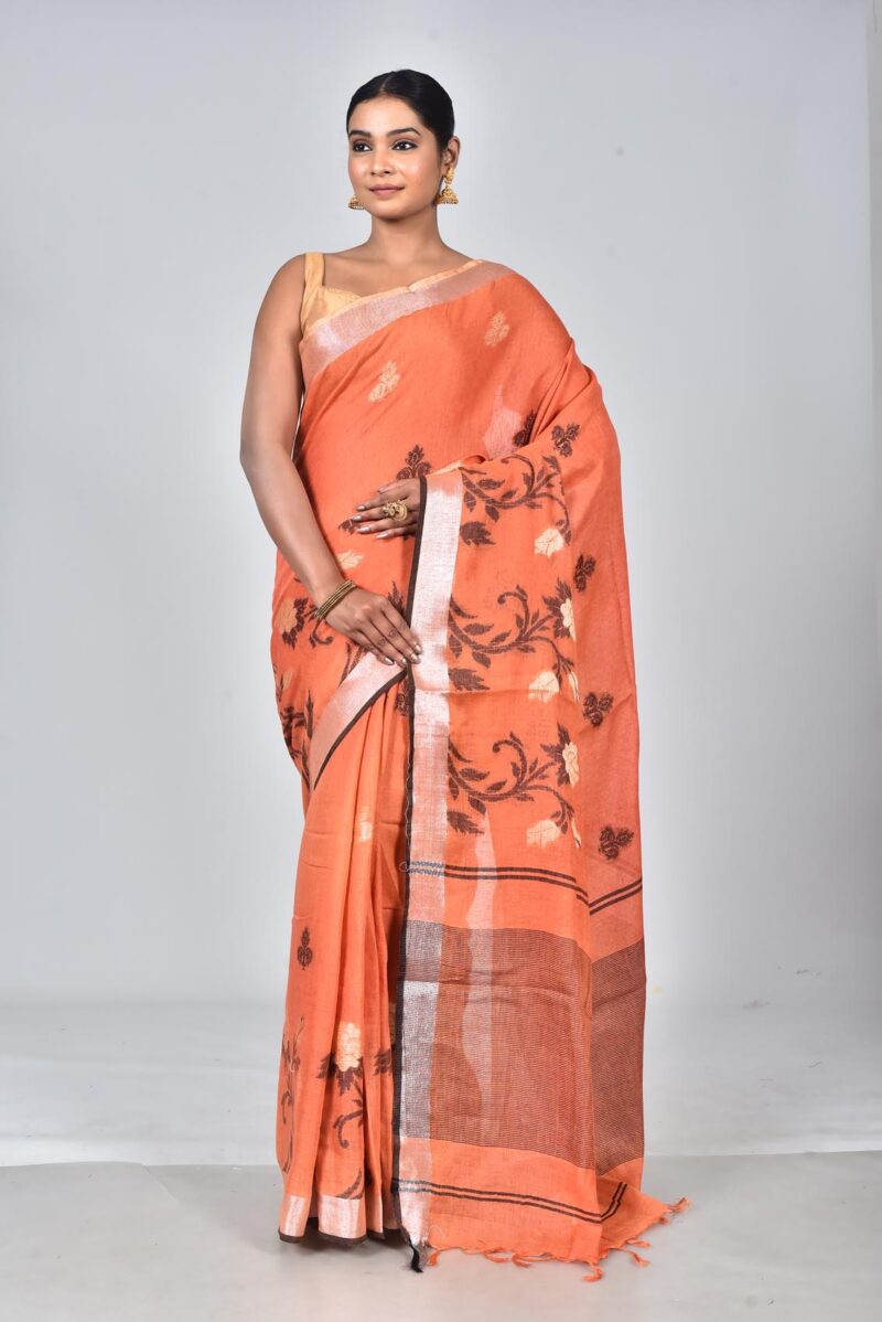 Linen Woven Saree with Jacquard Work (Dark Orange)