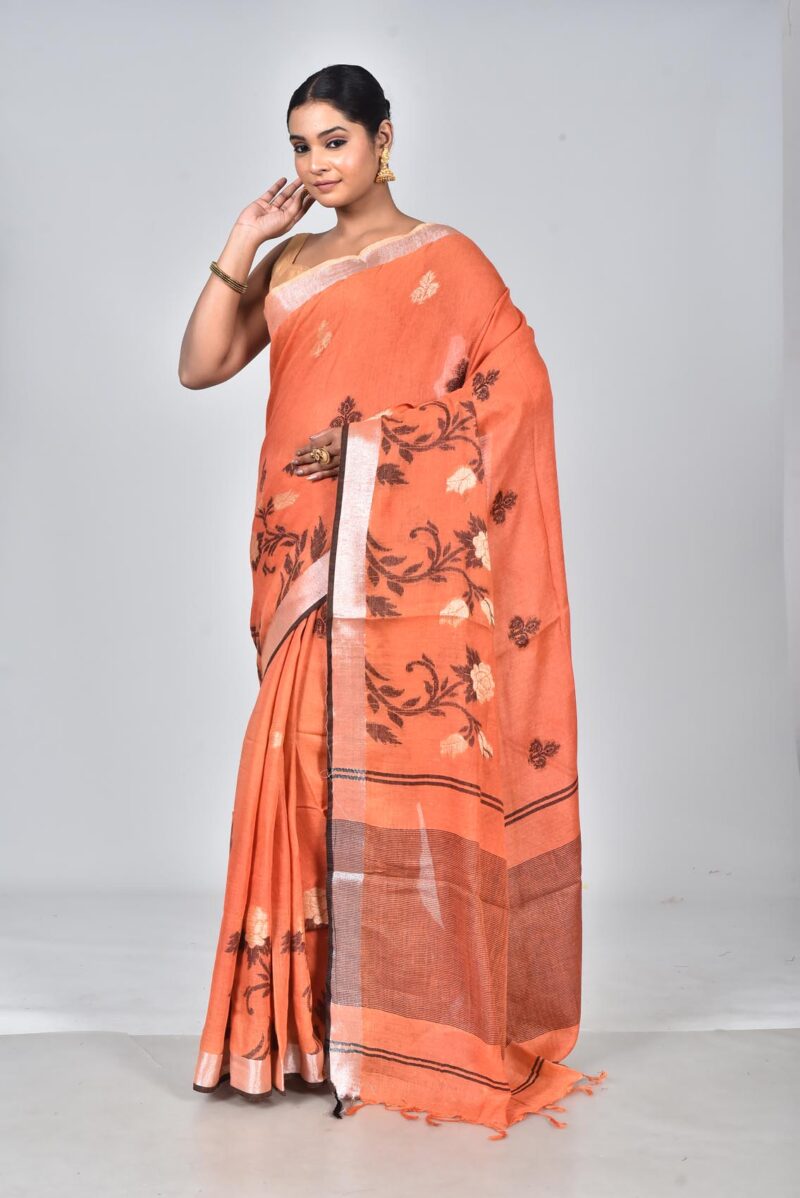 Linen Woven Saree with Jacquard Work (Dark Orange)